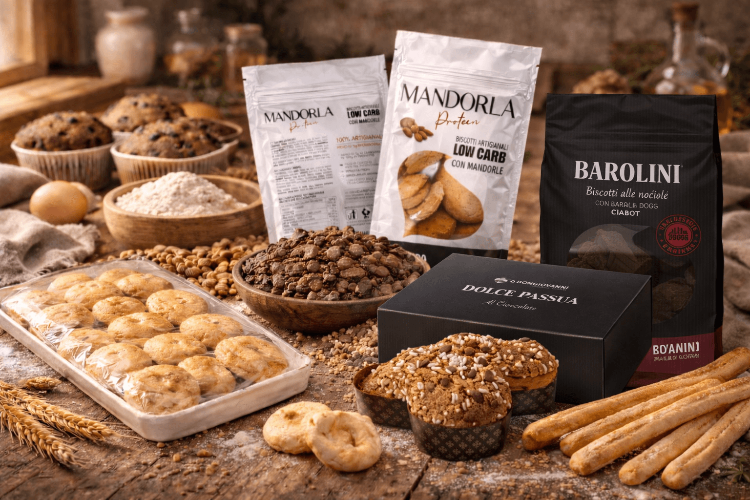 Ingredienti naturali — farine, semi, frutta secca per un'alimentazione di qualità